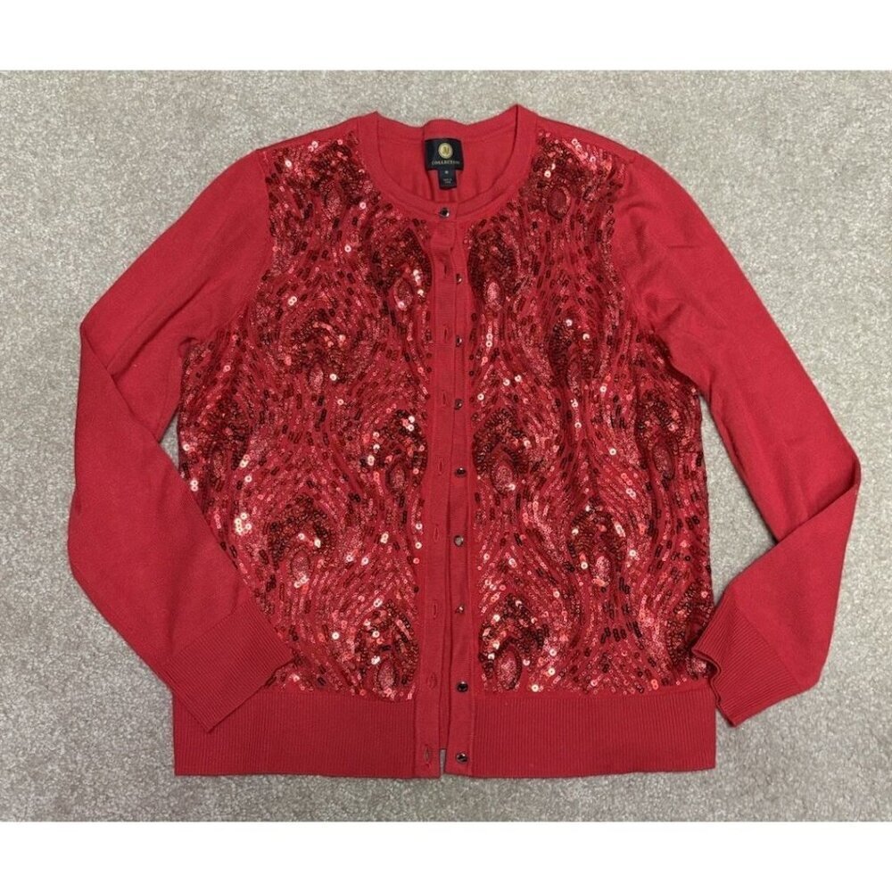 JM Collection red crew long sleeve sequin silver button cardigan Medium